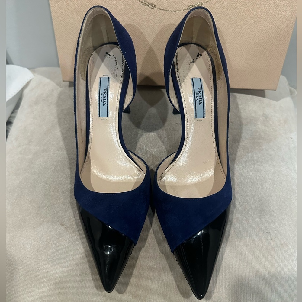 Prada Navy Suede and Black Patent Pointed-Toe Pump - Picture 4 of 14